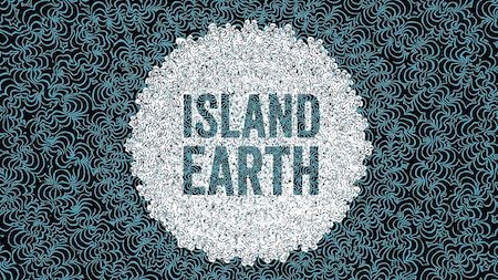"Island Earth" movie poster shows blue text over a white background.